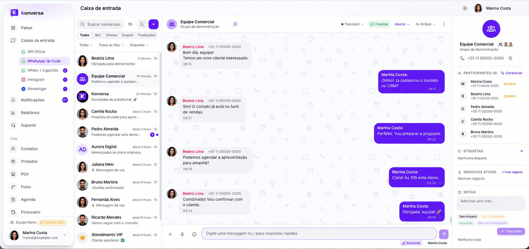 Caixa de entrada do Konversa com várias caixas de WhatsApp, Instagram e Messenger, um grupo aberto e o painel do contato com etiquetas, negócios e notas